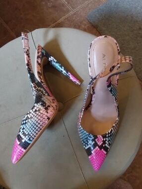 Aldo Pink Blue Multicolor Snake-Print Pointed Sling Heels